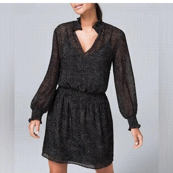WHITE HOUSE BLACK MARKET Women's Dress Soft Blouson Flocked Dot Size Small Black - Picture 1 of 14